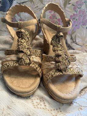 Impo Taupe Braided Studded rhinestone Wedge Sandals